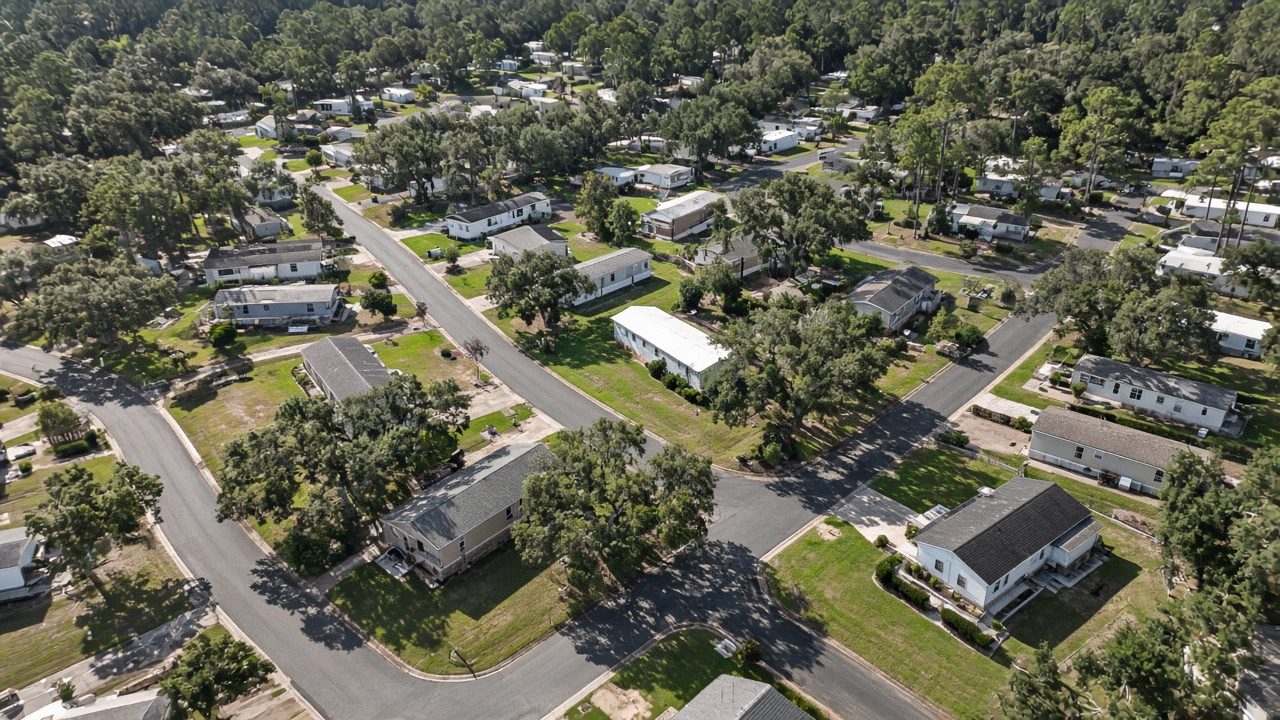 Aerial view of a manufactured home community